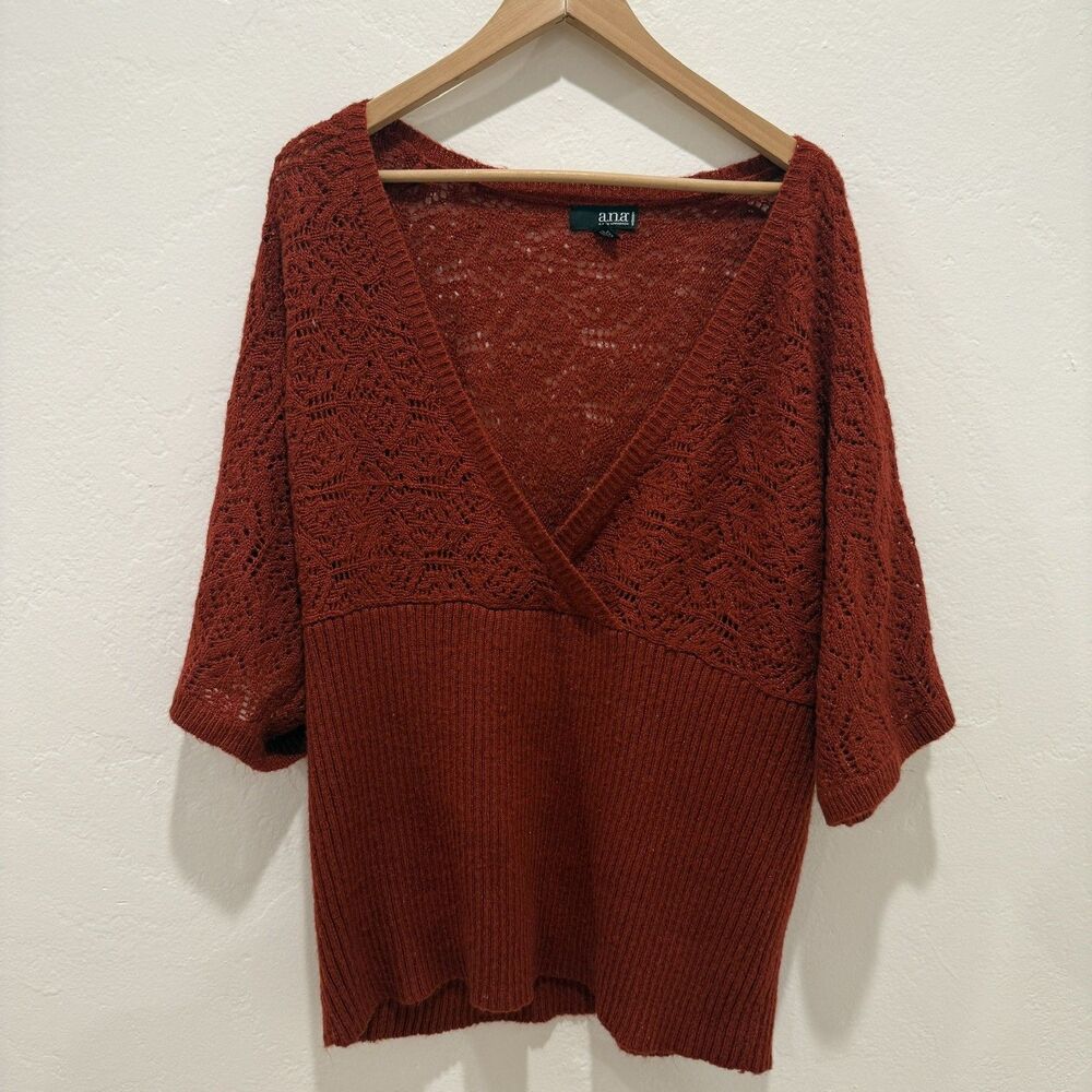 Ana Womens Sweater Blouse Plus 2X Red V Neck Knitted 3/4 Sleeve Top Shirt